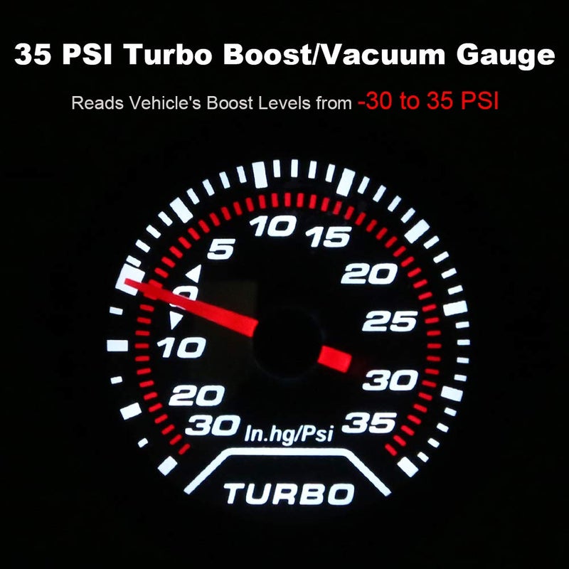 WATERWICH 35 PSI Turbo Boost/Vacuum Gauge Meter Kit Includes Mechanical Hose & T-Fitting - Black Dial - Clear Lens 2" 52mm 12V Universal for Car Truck - Image 2